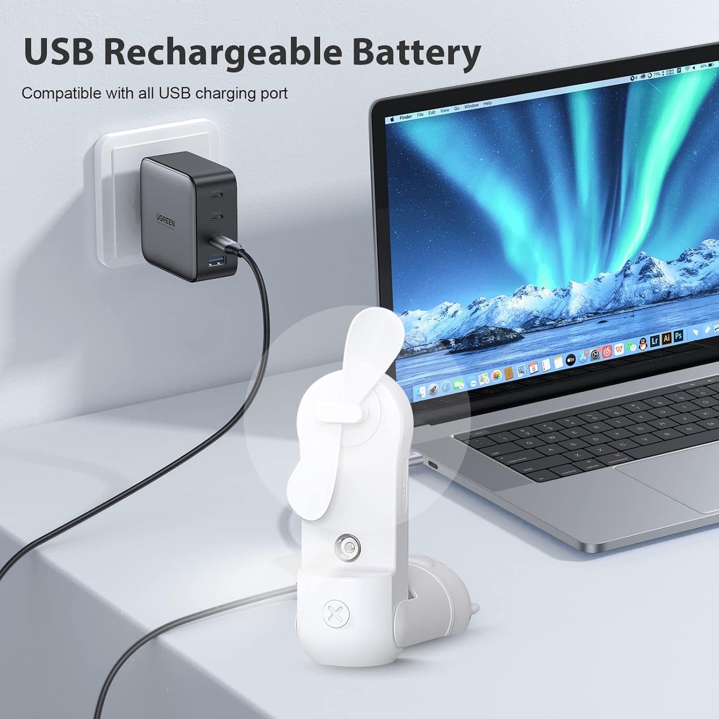 Skiennix Portable Misting Fan - Mini Handheld Fan with Rechargeable Battery & 3 Speed Settings | White