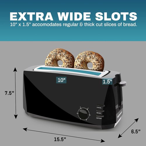Elite Gourmet Long Slot 4-Slice Toaster - 6 Toast Settings, Defrost & Reheat Functions, Black