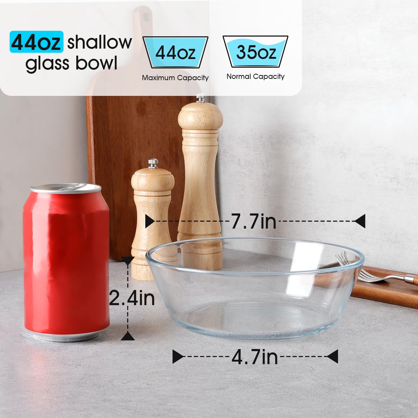 NUTRIUPS 44oz Flat Bottom Tempered Glass Bowl, 8in Clear Glass Bowl for Kitchen, Small Glass Salad Bowls, Microwave and Oven Safe