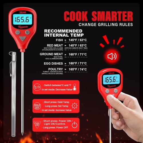AWLKIM Digital Meat Thermometer - Rechargeable Instant Read with 40-Inch Probe | IP67 Waterproof, Audible Alarm