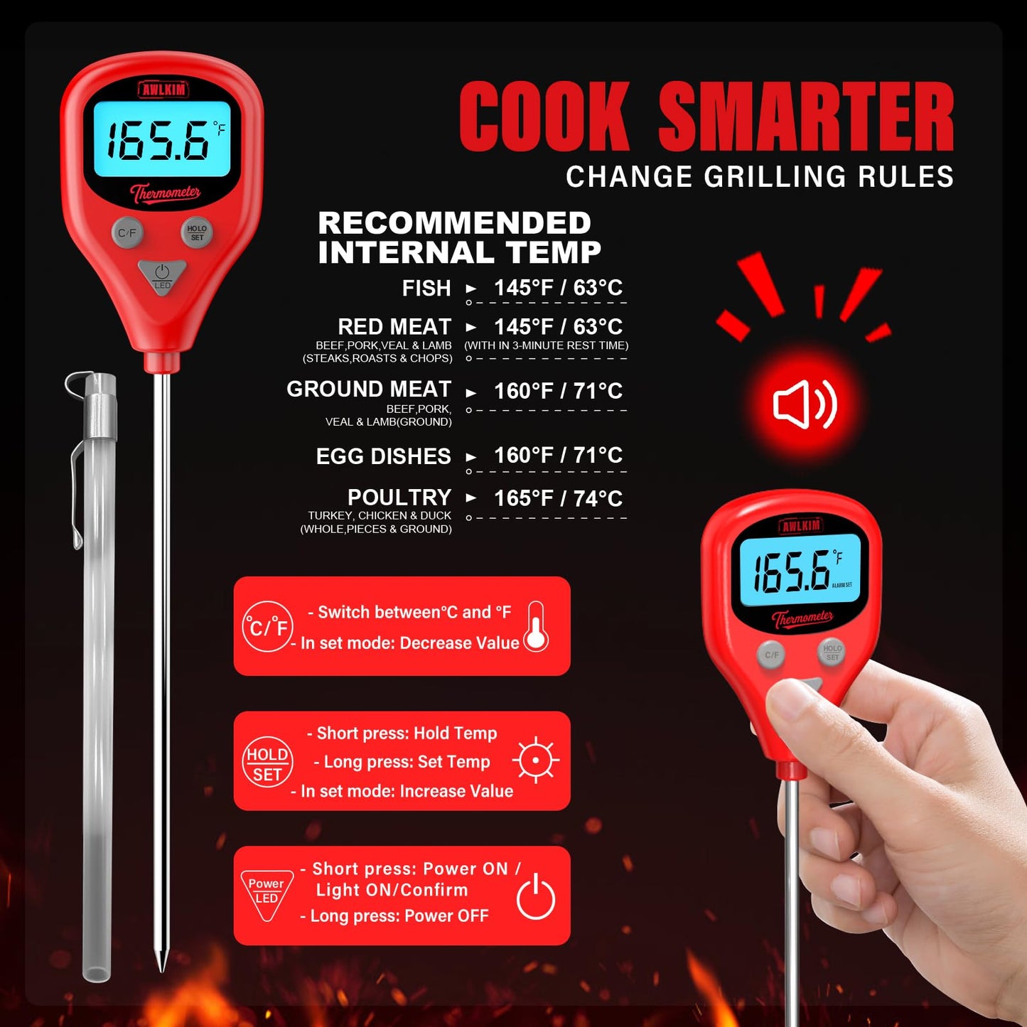 AWLKIM Digital Meat Thermometer with 40-Inch Leave-in External Probe, Rechargeable Instant Read Food Thermometer for Grill BBQ Smoker Oven Kitchen, IP67 Waterproof, Audible Alarm & Hold Function