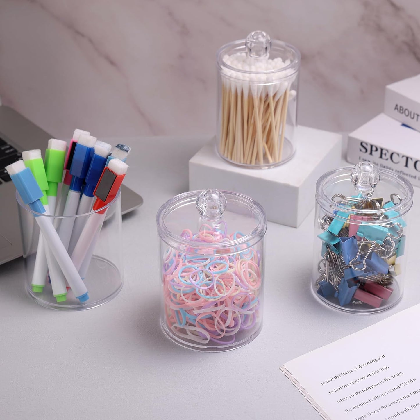 WEISHI Qtip Holder Dispenser - Clear Plastic Apothecary Jar for Cotton Balls, Swabs & Pads | 4 Pack