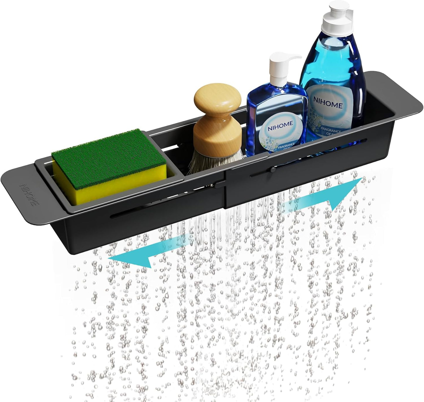 NiHome Extendable Over Sink Kitchen Organizer - Adjustable Sponge & Brush Rack with Non-Slip Pads (Black)