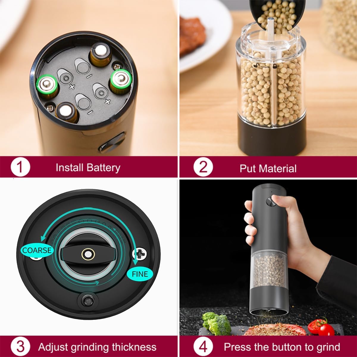 Skiennix Electric Salt and Pepper Grinder Set - Automatic Mill Shakers with LED Light & Adjustable Coarseness - Black