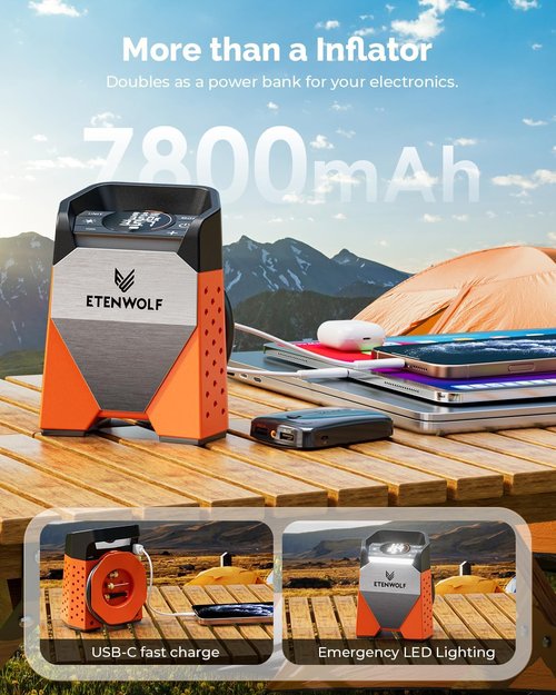 ETENWOLF Zephyr S3 Tire Inflator - Portable Air Compressor with 160 PSI | Fast 1 Min Inflation, Vivid Orange
