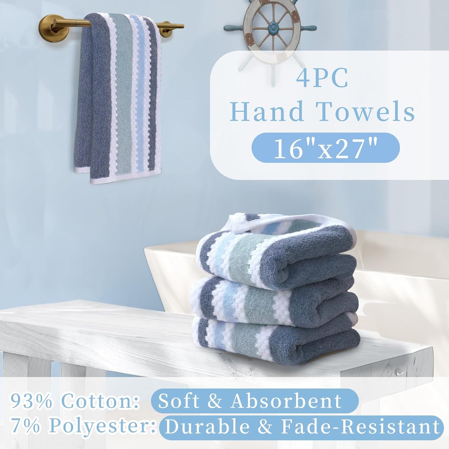 Skiennix Waffle Hand Towels - Quick Dry, Absorbent Cotton Blend | 4PC Set, 16"x27", Blue Gray Stripe & White Checker