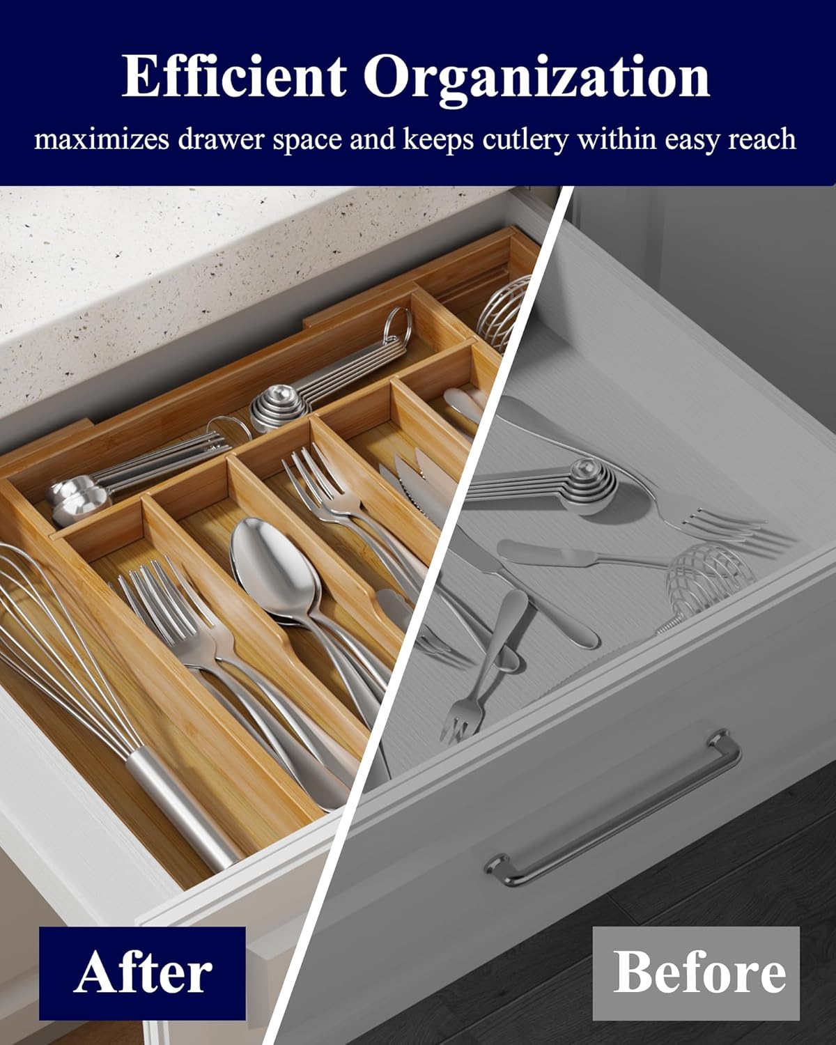 Kitsure Silverware Organizer - Expandable Bamboo Drawer Storage for Utensils & Cutlery | Large Natural Design