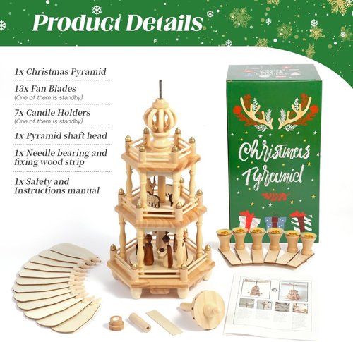 Christmas Pyramids - 18-Inch Wooden Nativity Scene Carousel with 6 Candle Holders | 3 Tiers