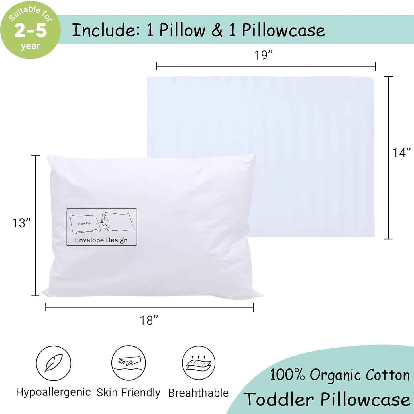 ZPECC Toddler Pillow - Hypoallergenic Organic Cotton 13x18 Kids Pillow with Pillowcase | White Stripe, Ideal for Travel & Daycare