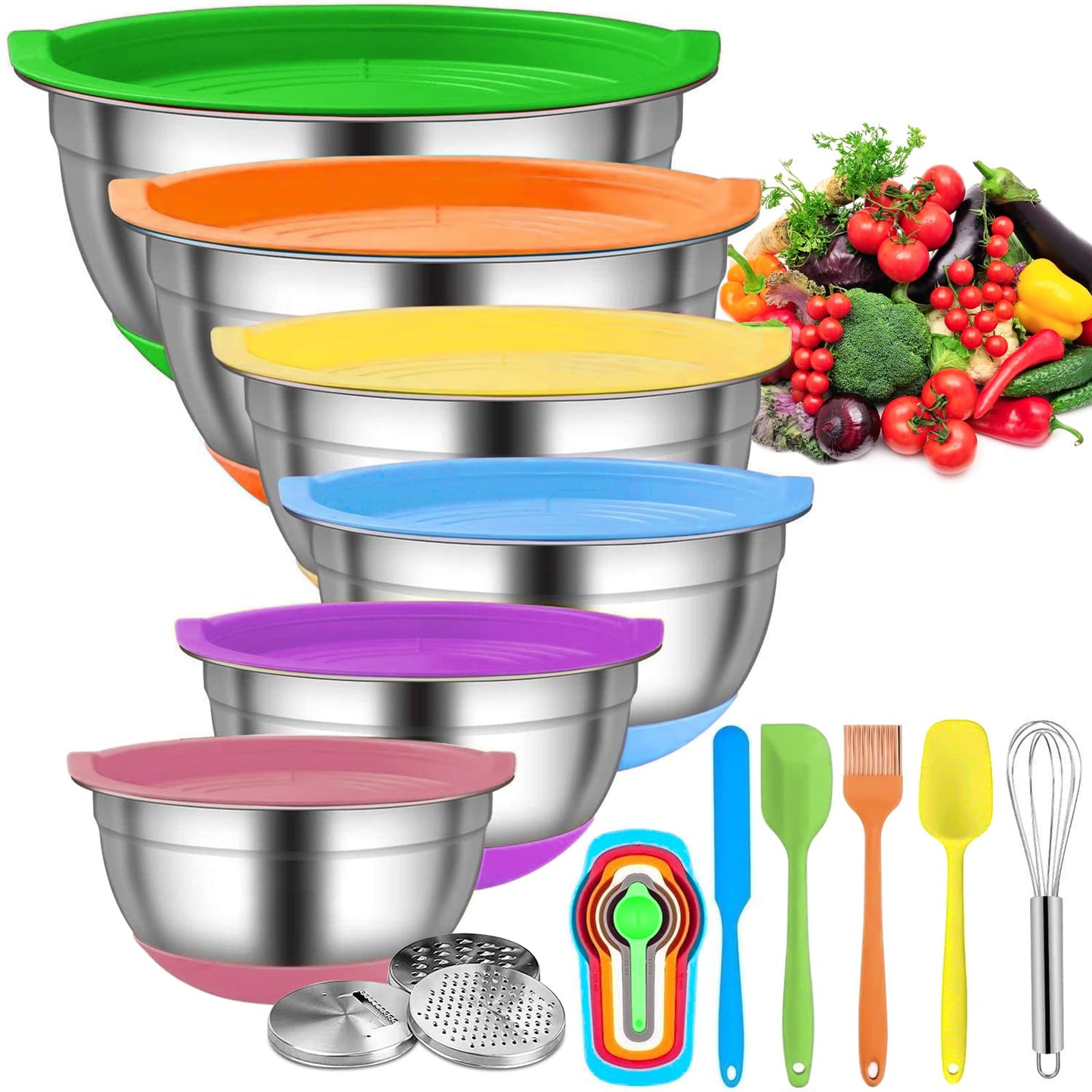 Menbyci 6 Pcs Mixing Bowls with Lids,Stainless Steel Mixing Bowls Utensils with 3 Grater Attachments,Non-Slip Bottoms,Mixing Bowl Set for Kitchen Mixing Baking Prepping Cooking Serving,Colorful