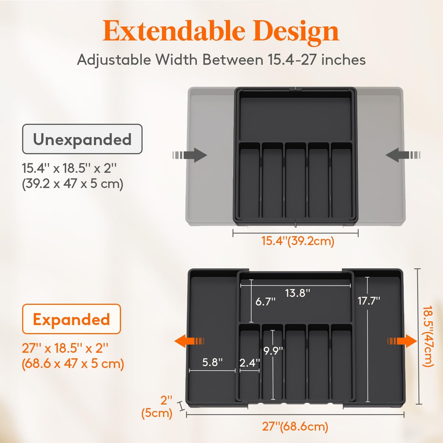 Lifewit Silverware Drawer Organizer, Expandable Utensil Tray for Kitchen, BPA Free Flatware and Cutlery Holder, Adjustable Plastic Storage for Spoons Forks Knives, 15- 27 x 18.5", Black