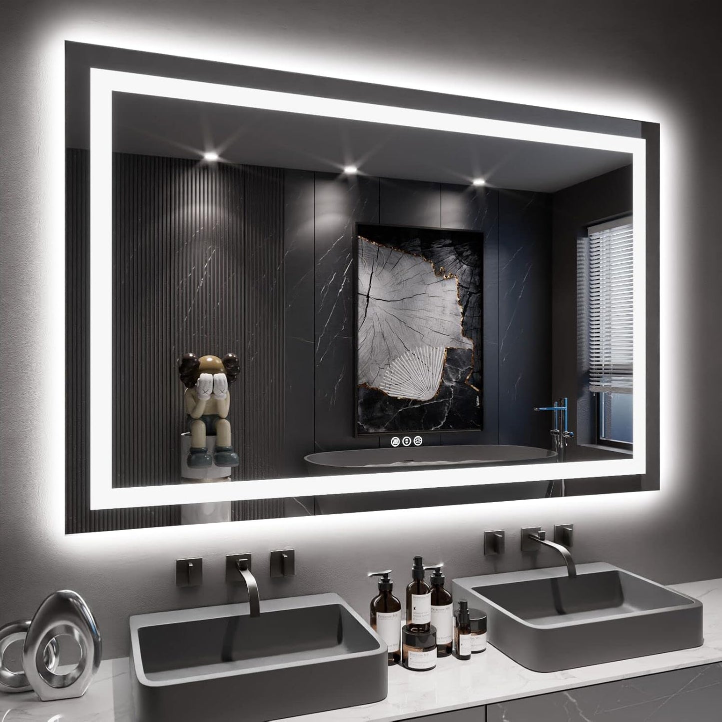 LOAAO LED Bathroom Mirror - 60x40 Inch, Dimmable & Anti-Fog, Backlit/Front Lit, Tempered Glass