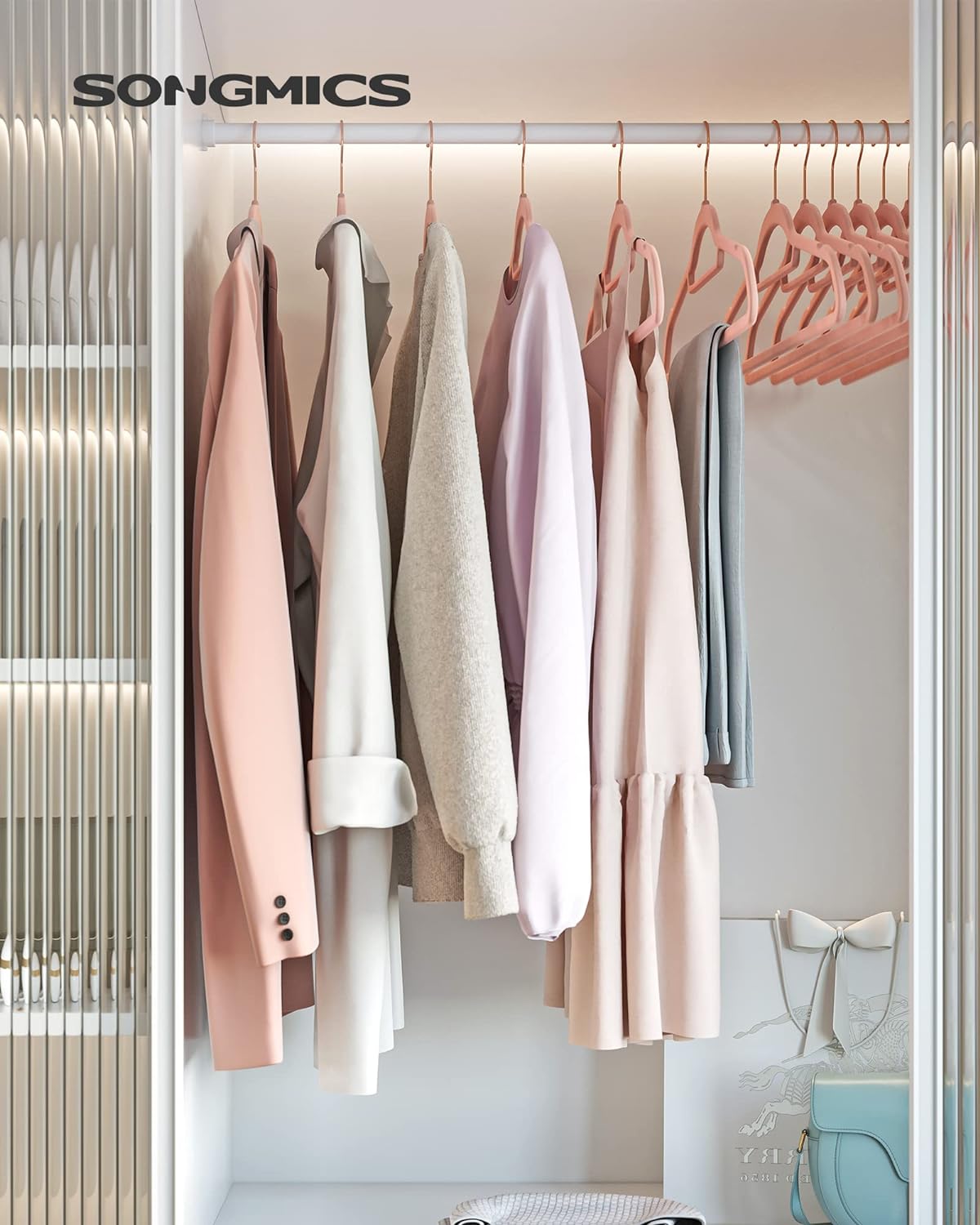 SONGMICS Velvet Hangers - Set of 50 Non-Slip Clothes Hangers with Rose Gold Swivel Hook | Coral Pink, 17.1-Inch