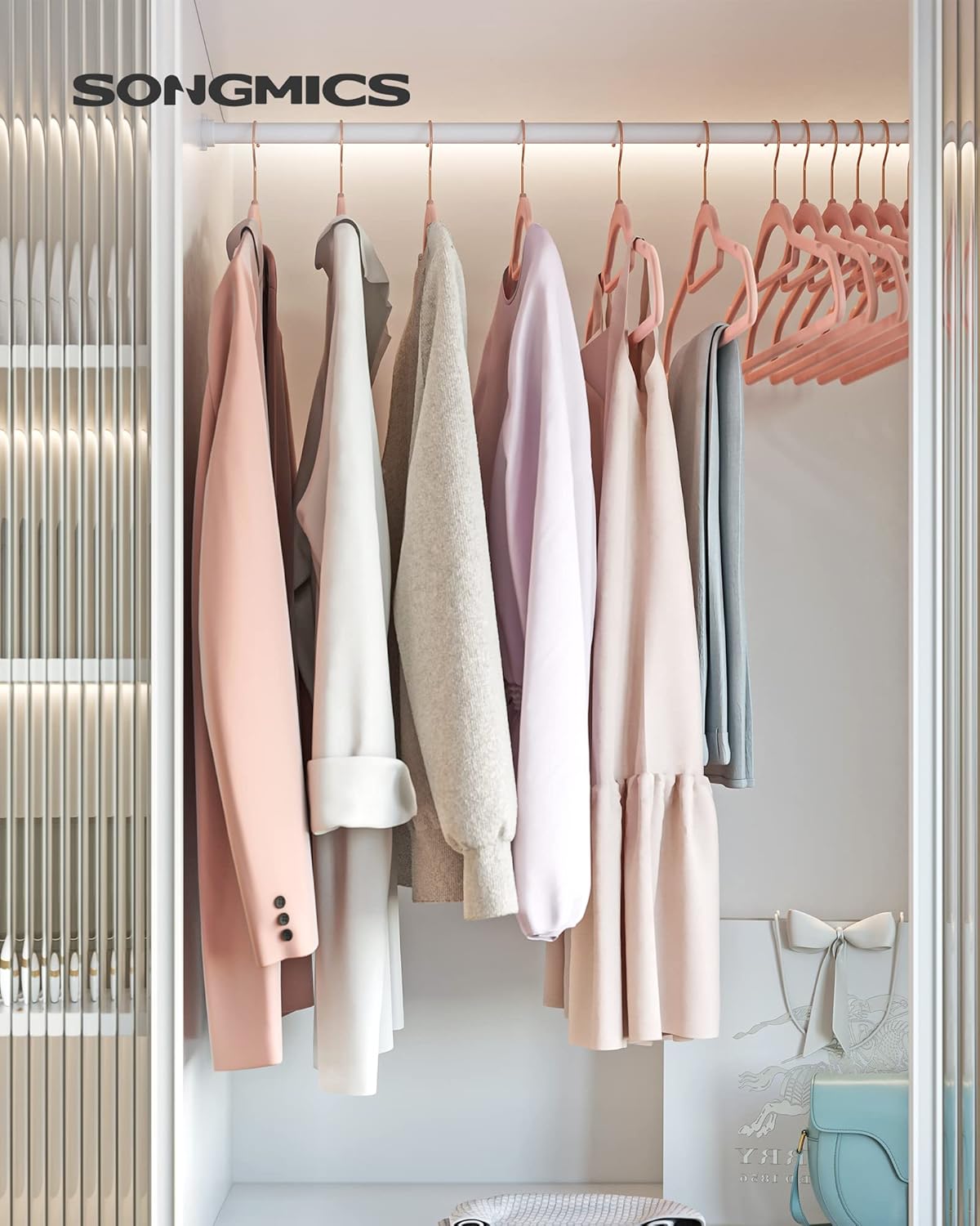 SONGMICS Velvet Hangers - Non-Slip Space-Saving Clothes Hangers with Rose Gold Swivel Hook | Set of 50, Coral Pink, 17.1-Inch
