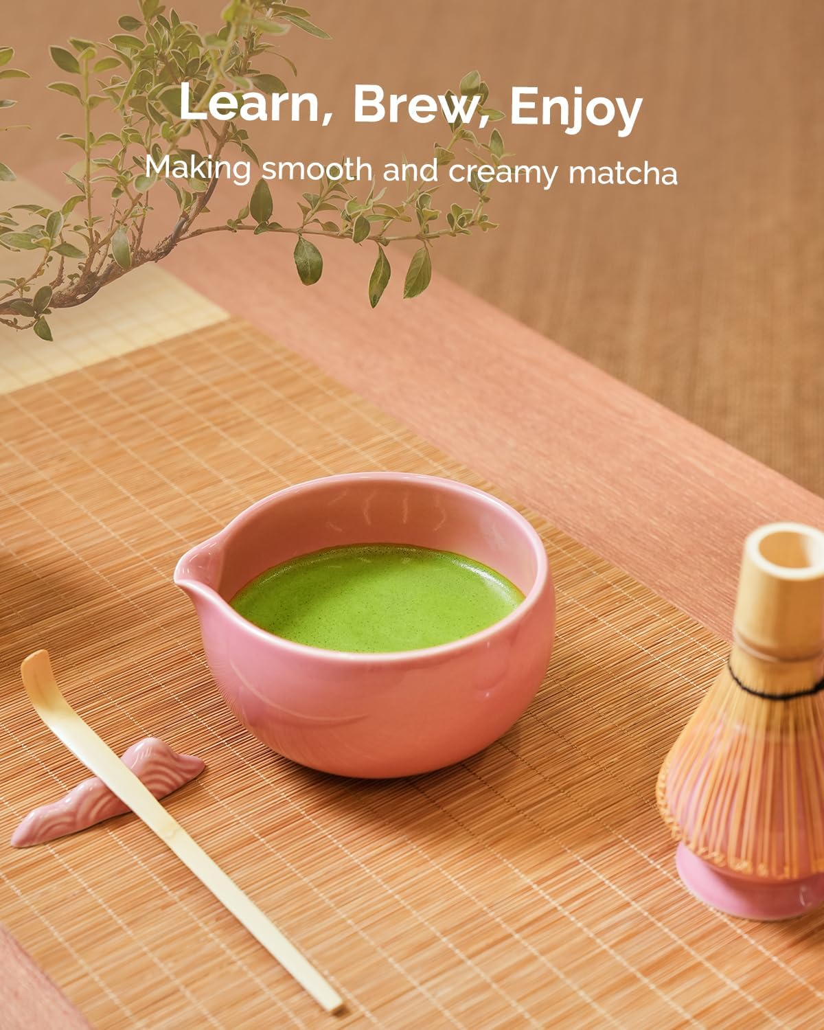 Maestri House Matcha Whisk Set - 7-Pc Complete Kit with Ceramic Bowl, Bamboo Whisk & Accessories | Perfect Gift for Matcha Lovers (Pink)