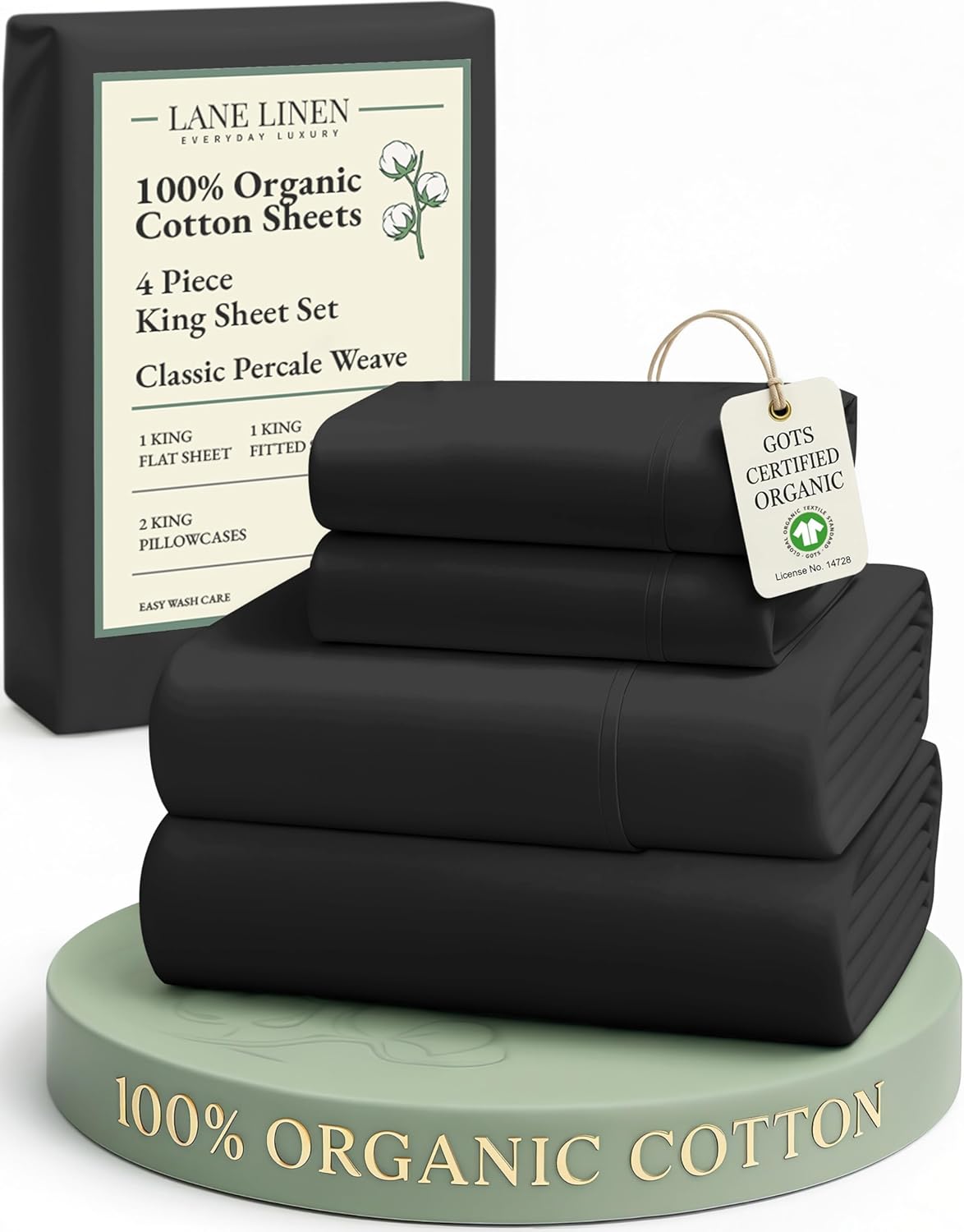 LANE LINEN King Size Organic Cotton Bed Sheets - Soft, Comfy Percale Bedding Set | Black Color