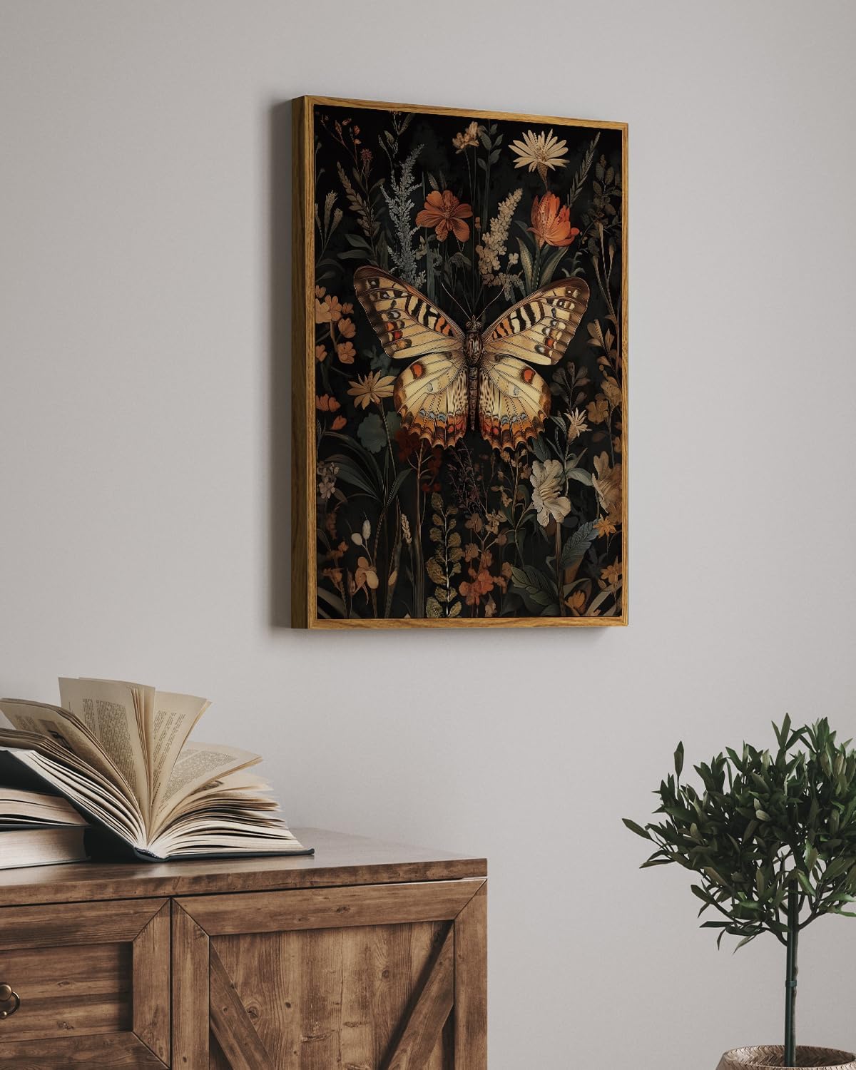 Vintage Nature Framed Botanical Print - Elegant Rustic Butterfly Floral Canvas Wall Art