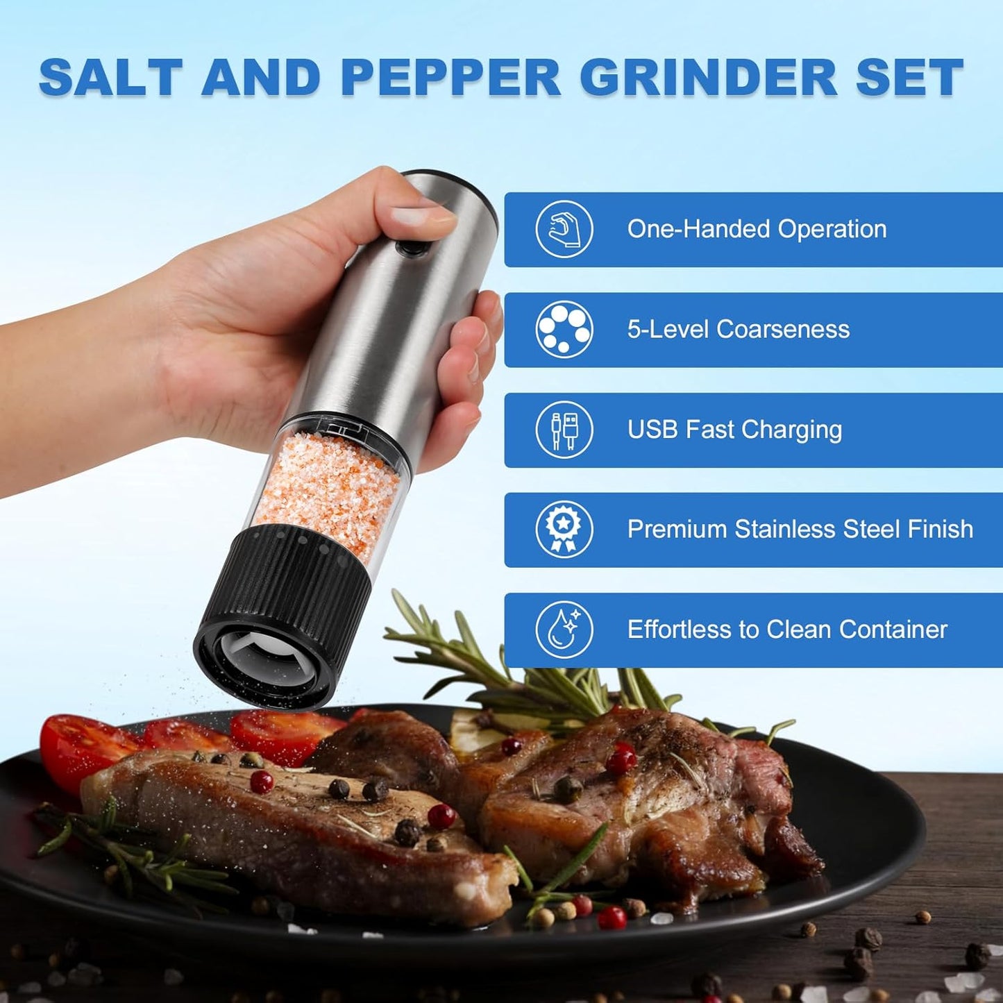 Skiennix Electric Salt and Pepper Grinder Set - 2 Pack with LED Light & USB-C Charging Base, Adjustable Coarseness