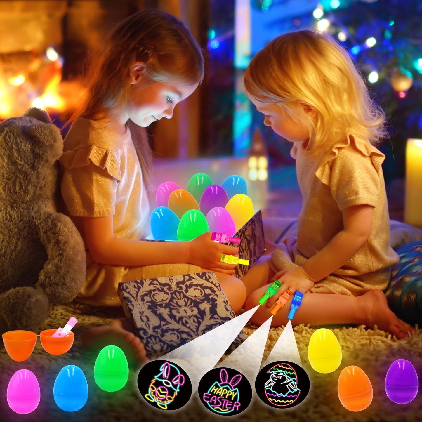 24 Pack Easter Eggs Filled LED Finger Lights ,LED Light Up Toys Glow In The Dark Non Candy Gifts Easter Egg Fillers Easter Hunt Filling Treats Easter Basket Stuffers Party Favor for Kids Boys Girls