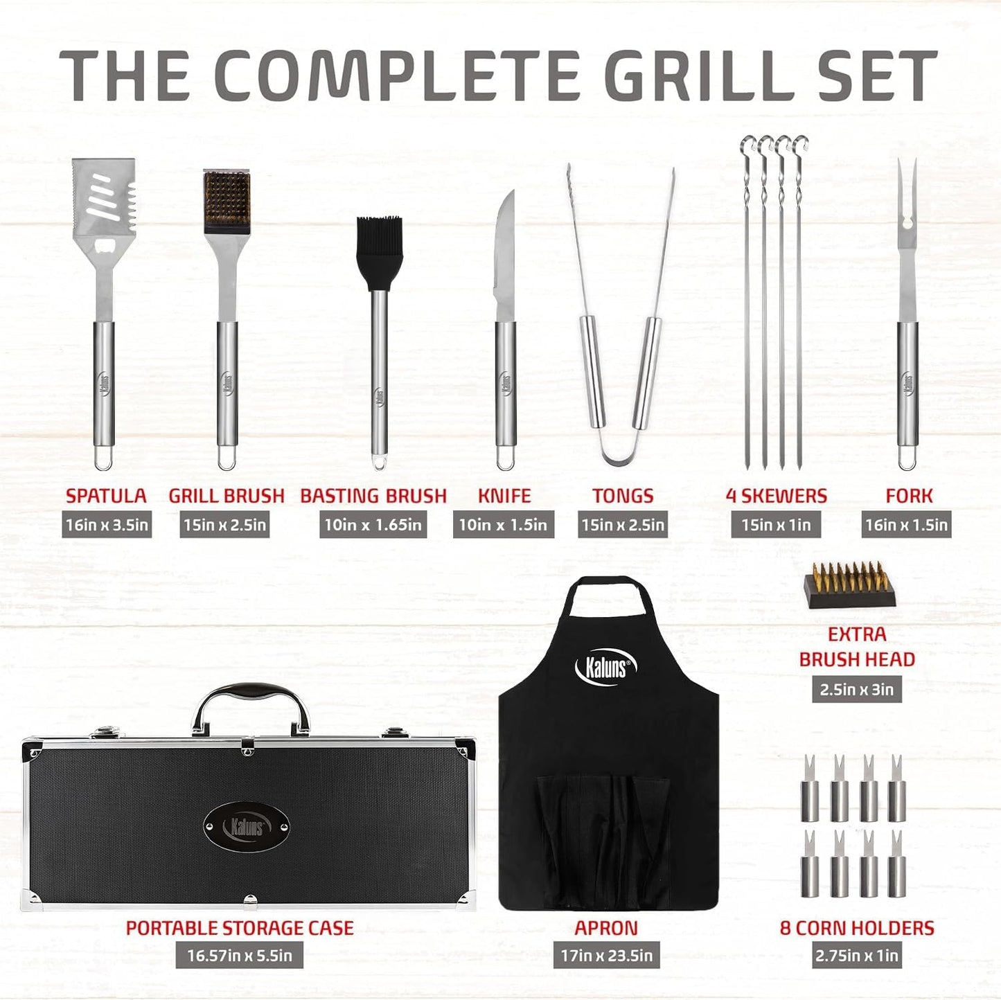 Kaluns BBQ Tool Set - Heavy Duty Stainless Steel Grilling Accessories with Apron & Case | Perfect Gift for Dad
