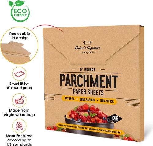 Baker’s Signature Parchment Paper Baking Sheets - 6 Inch Rounds, 220 Pack | Precut, Non-Toxic & Silicone Coated