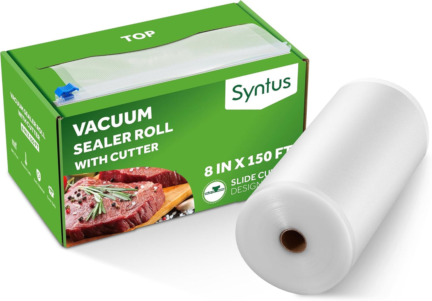 Syntus Food Vacuum Seal Roll - 8" x 150' with Cutter Dispenser | BPA-Free for Meal Prep & Storage