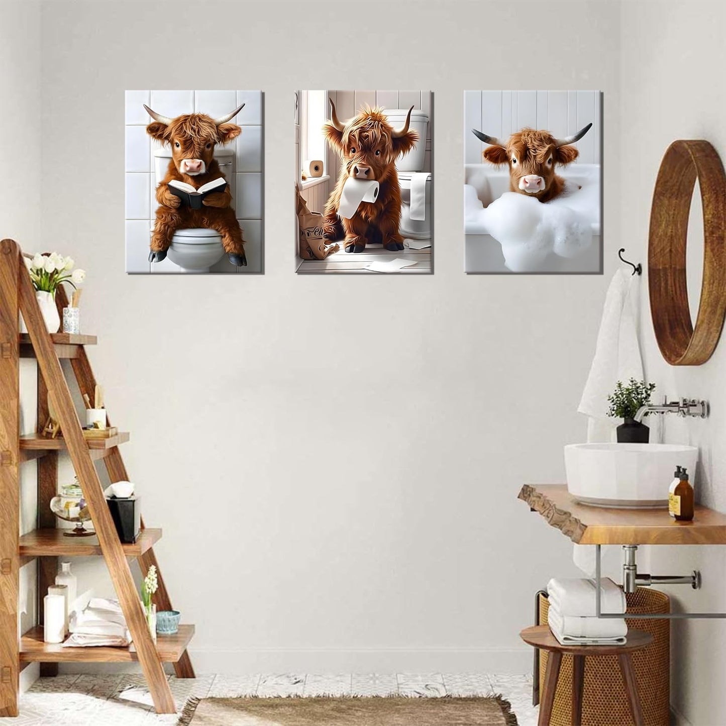 JBZDD Highland Cow Bathroom Canvas Wall Art Set of 3, Funny Cute Rustic Farmhouse Cow Prints for Bathroom Restroom Home Decor 24x16 Inch Framed