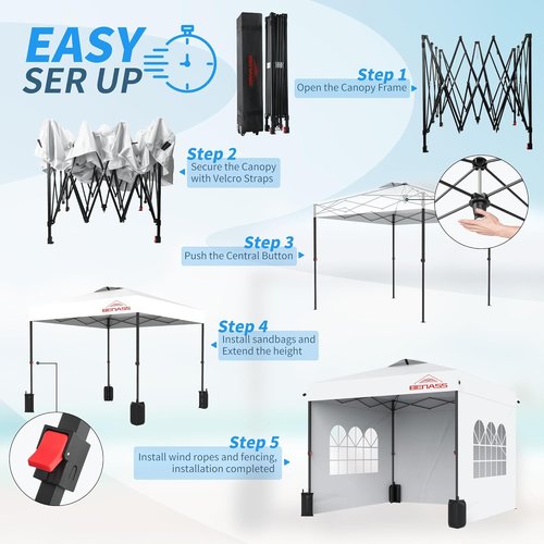 10x10 Pop Up Canopy - Heavy Duty Event Tent with Sidewalls for Easy One-Person Setup | White