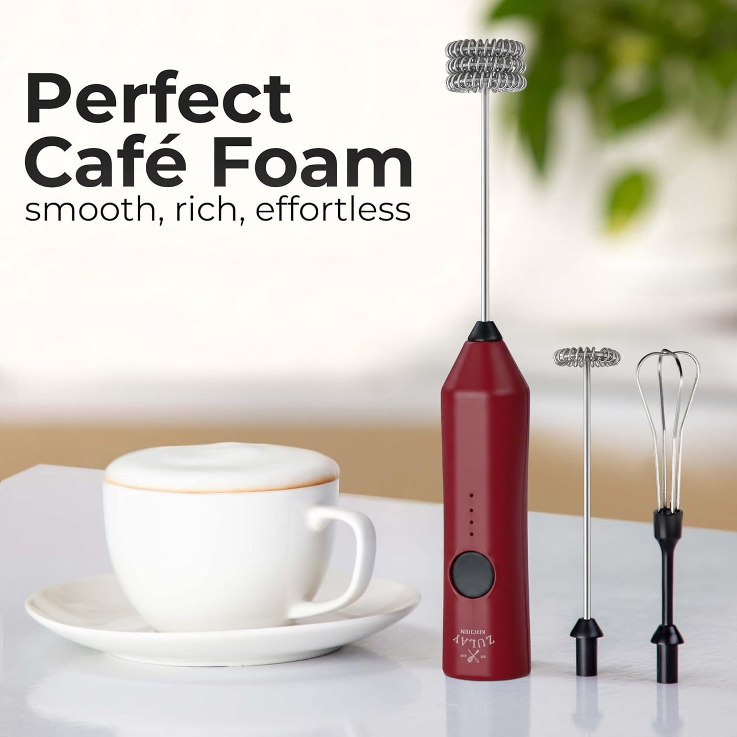 Zulay Kitchen Rechargeable Milk Frother - 3 Speeds & 3 Whisk Attachments - USB Charging for Lattes & Cappuccinos - Red/Black