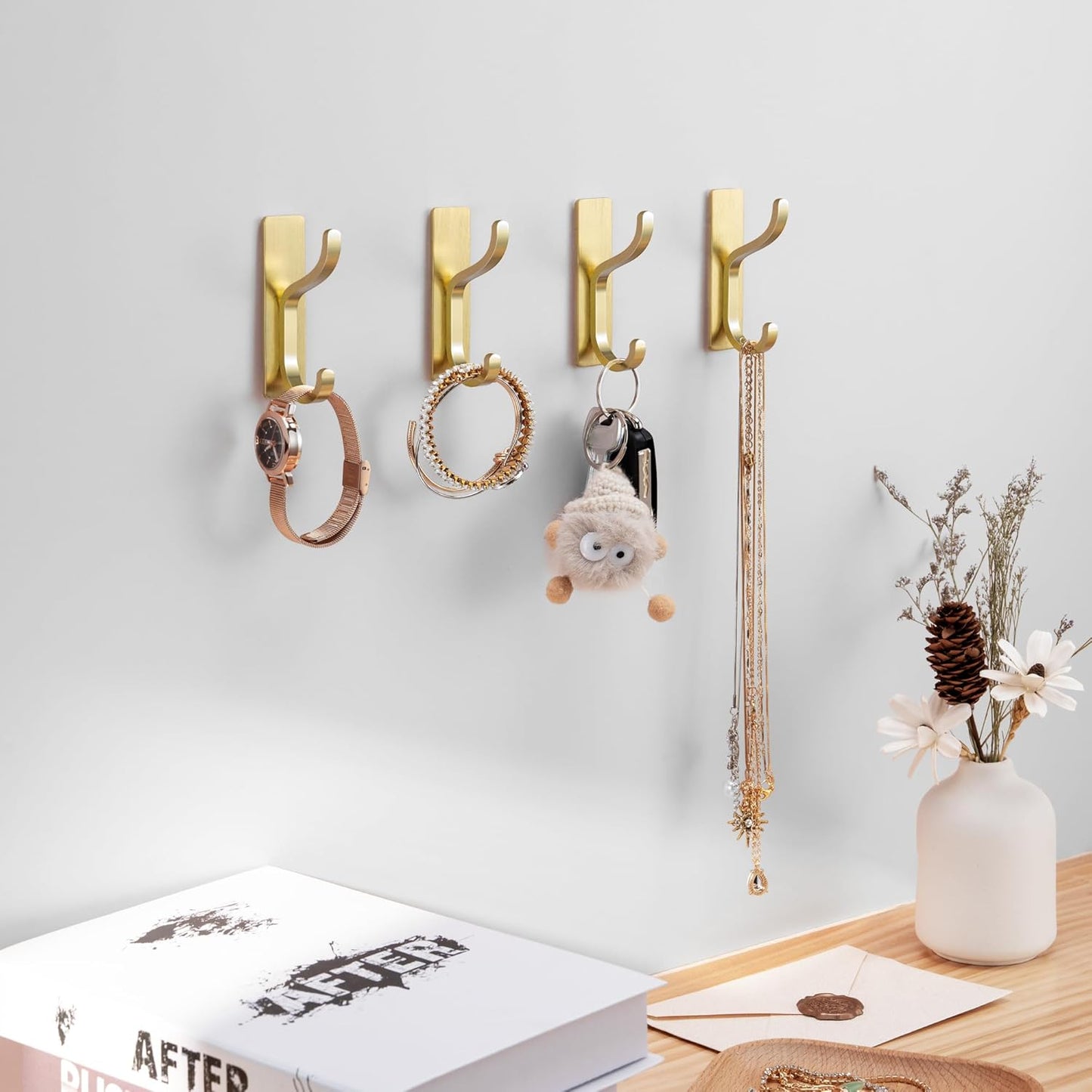 Pickpiff Adhesive Wall Coat Hooks - Heavy Duty Metal Stick-On Hangers for Towels, Bags & Clothes - Gold, 6 Pack