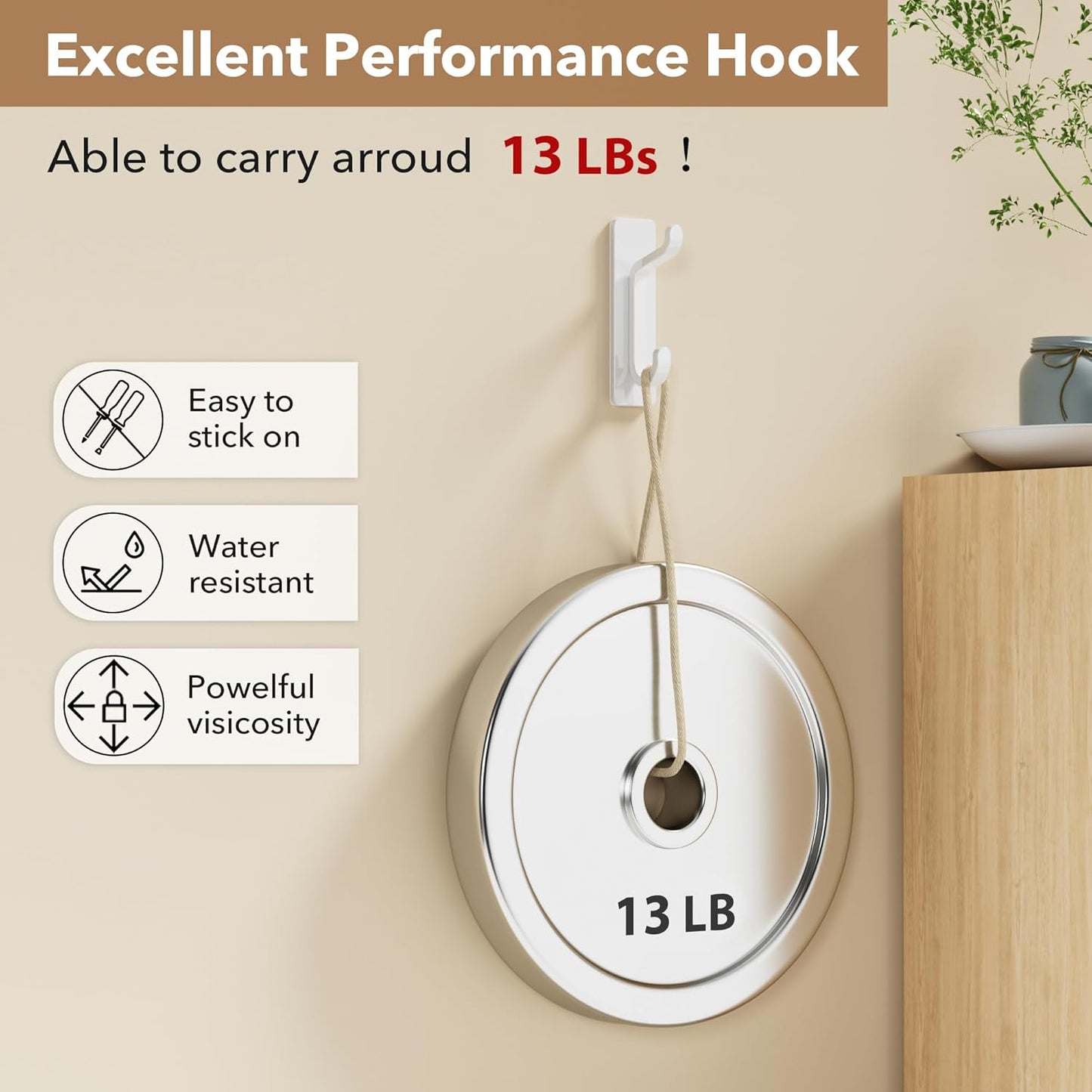 Pickpiff Wall Hooks - 13LB Strong Adhesive Coat & Towel Hangers | White 6-Pack for Easy Organization