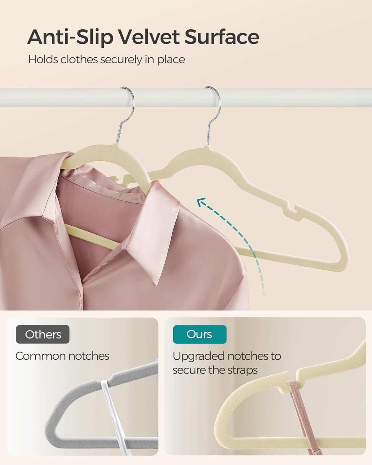 SONGMICS Velvet Hangers - Non-Slip Clothes Hangers with 360° Swivel Hook - 50 Pack, Sand Beige