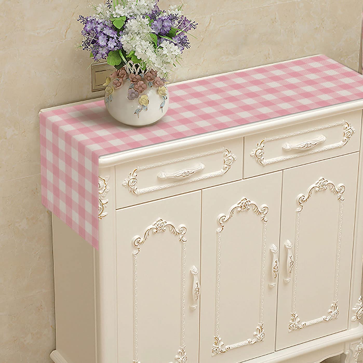 Nepnuser Linen Pink and White Buffalo Check Plaid Table Runner Gingham for Pink Farm Birthday Party Easter Home Decorations (13" x 108")