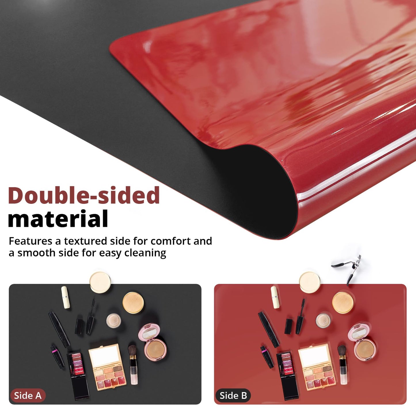 LovePads Makeup Mat for Vanity, 14 x 24 Dual-Sided Desk Pad & Vanity Cover Top, Waterproof PVC Protector Mat for Dresser, Nail Art, Craft Table (Black+Red)