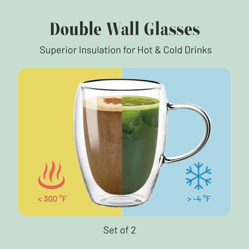 ChaYeah, Double Wall Glasses, 12 OZ Insulated Cups with Handle, Perfect for Tea, Coffee, Water, and More (Set of 2)