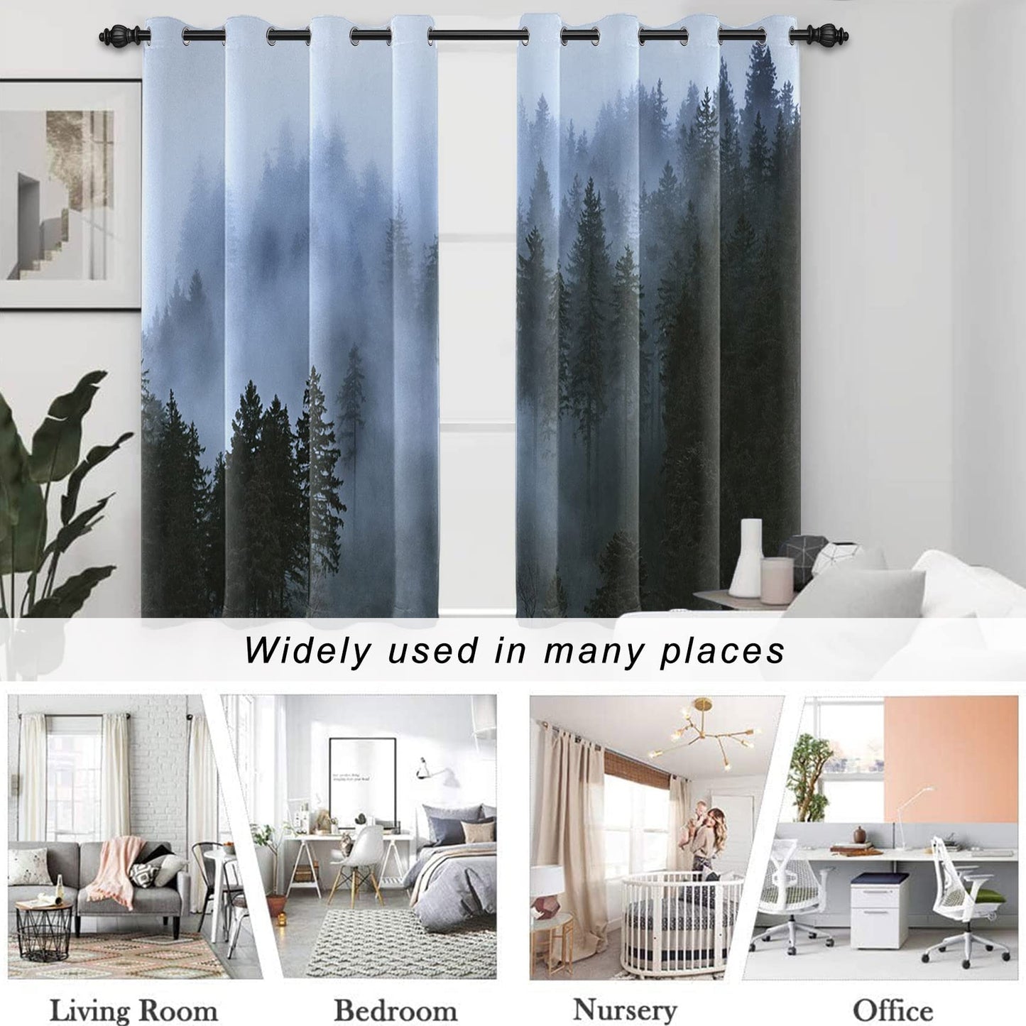 AWERT Blackout Curtains for Bedroom Light Blue Tree with Fog Nature Forest Curtains 2 Panels for Living Room Heat Blocking 42x84inch