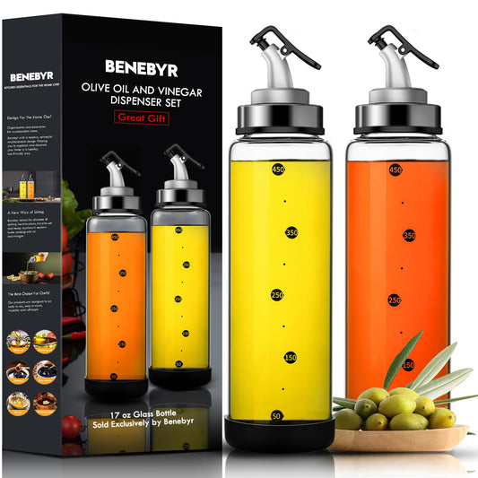 BENEBYR Olive Oil Dispenser Bottle for Kitchen Shatterproof Glass Bottle with Leakproof Pourer Spout & Rubber Bottom 17 oz Oil and Vinegar Dispenser Set of 2 Olive Oil Bottle for Cooking
