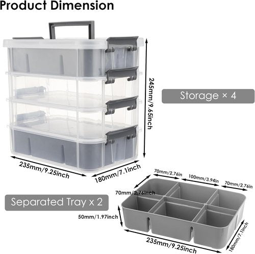 CraftGenes Grey & White Modern Plastic Storage Box - 4-Layer Durable Organizer with 2 Removable Trays for Crafts, Sewing & Office Supplies
