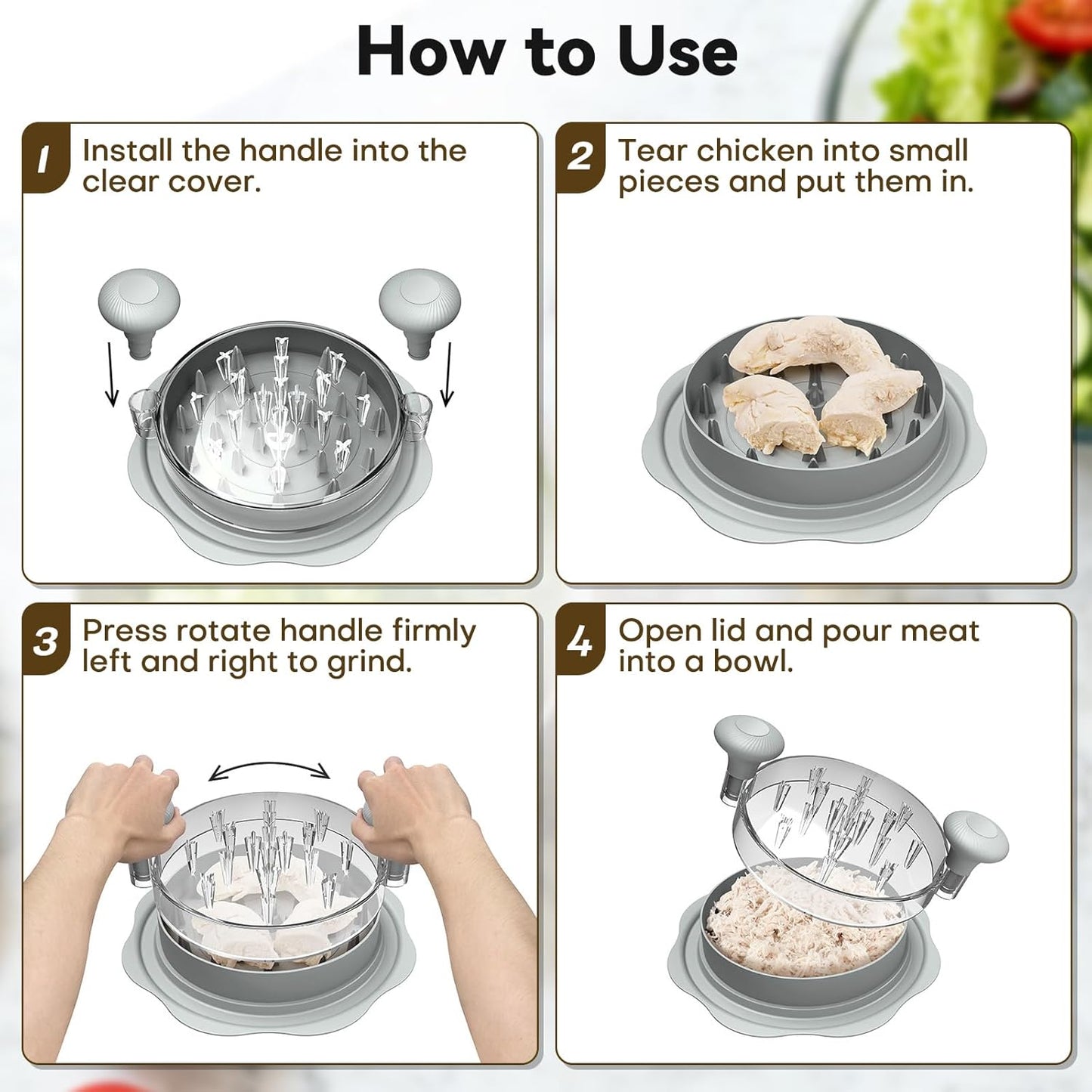 Ukeetap 10" Pro Chicken Shredder Tool - BPA-Free Meat Grinder with Ergonomic Handle & Anti-Slip Base, Gray