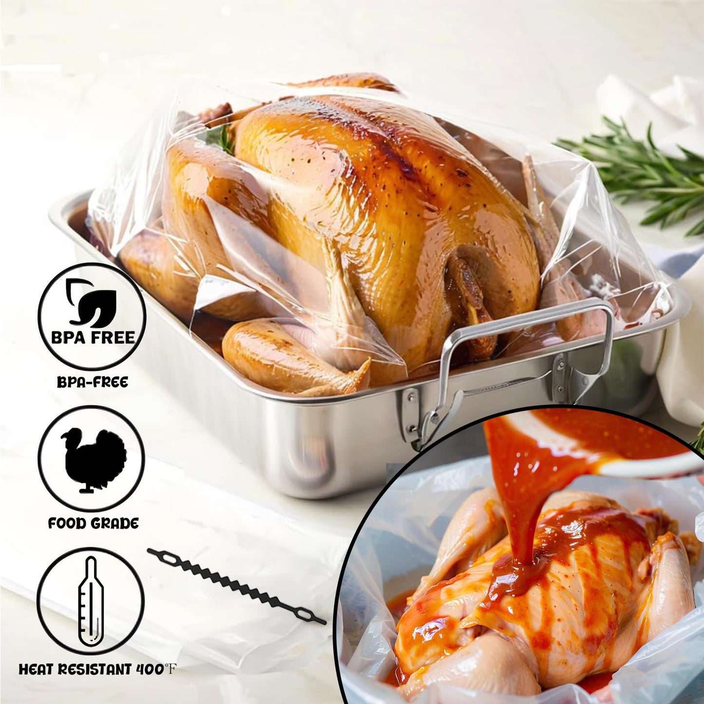Turkey Bags for Oven, Cooking Bags for Oven, 6 Count 17"×22" Large Size Turkey Oven Bags, BPA-Free, Oven Bags for Roasting Meat Ham Vegetable Seafood