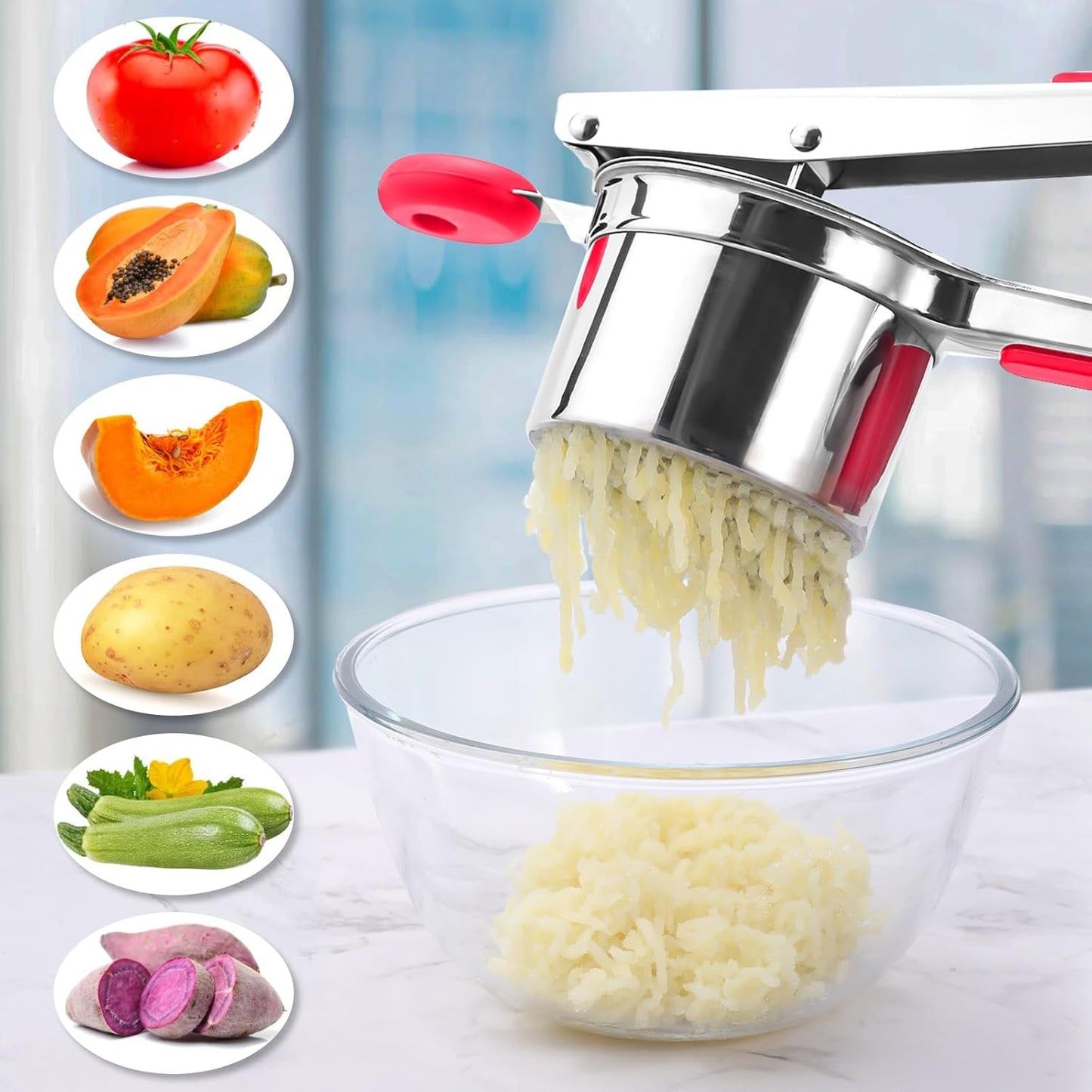 Skiennix 15 Oz Stainless Steel Potato Ricer - Heavy Duty Masher with Silicone Grip for Smooth Purees