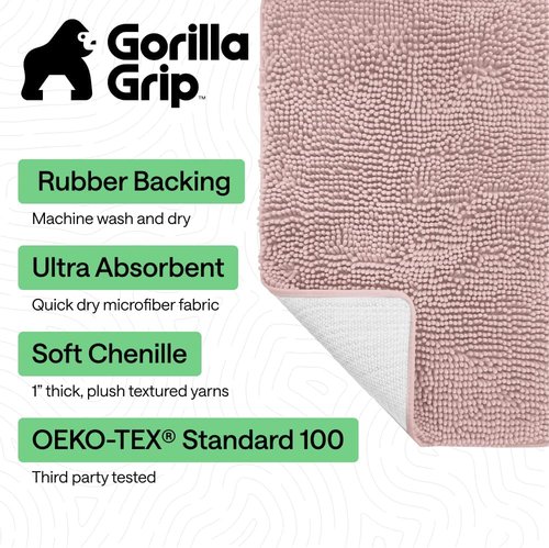 GORILLA GRIP Bath Rug Mat - Soft Absorbent Chenille | Quick-Dry Microfiber, 44x26, Dusty Rose