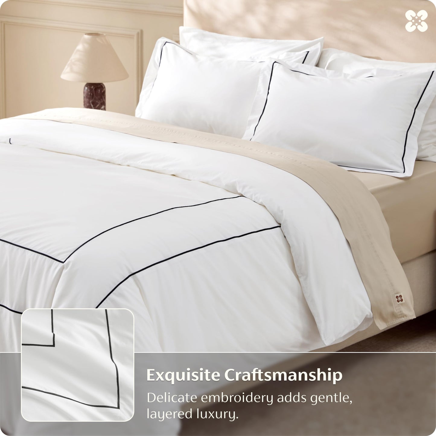 Bedsure 100% Cotton Percale Duvet Cover Queen, Luxury Hotel Duvet Cover, White Comforter Cover with Frame Embroidery, PureWoven Breathable & Lightweight Bedding Set for All Season, 3 Pieces, 90"x90"