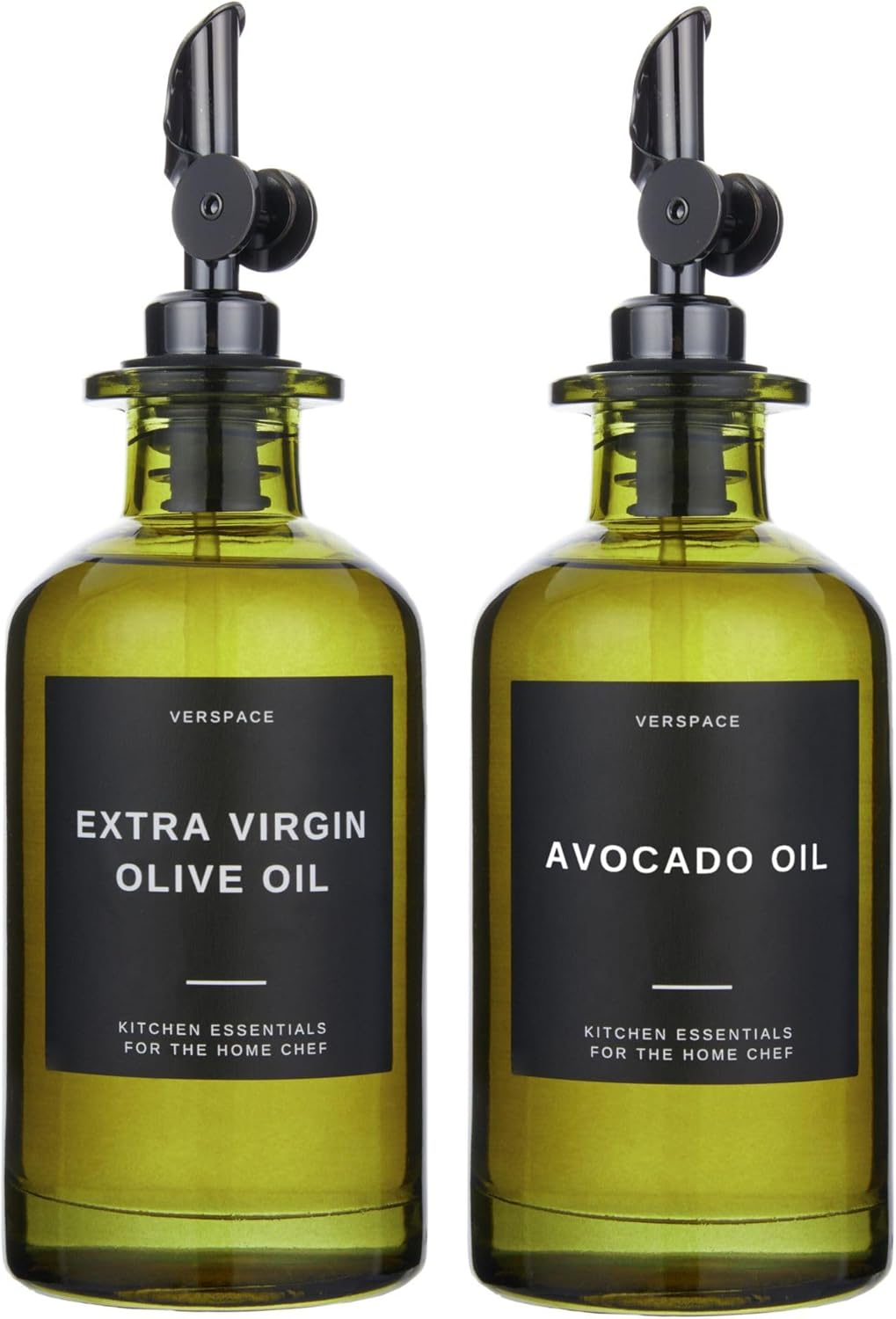 Verspace Olive Oil Dispenser Bottles - UV-Protected Green Glass - 12oz, 2 Pack with 40 Labels for Modern Kitchen Decor