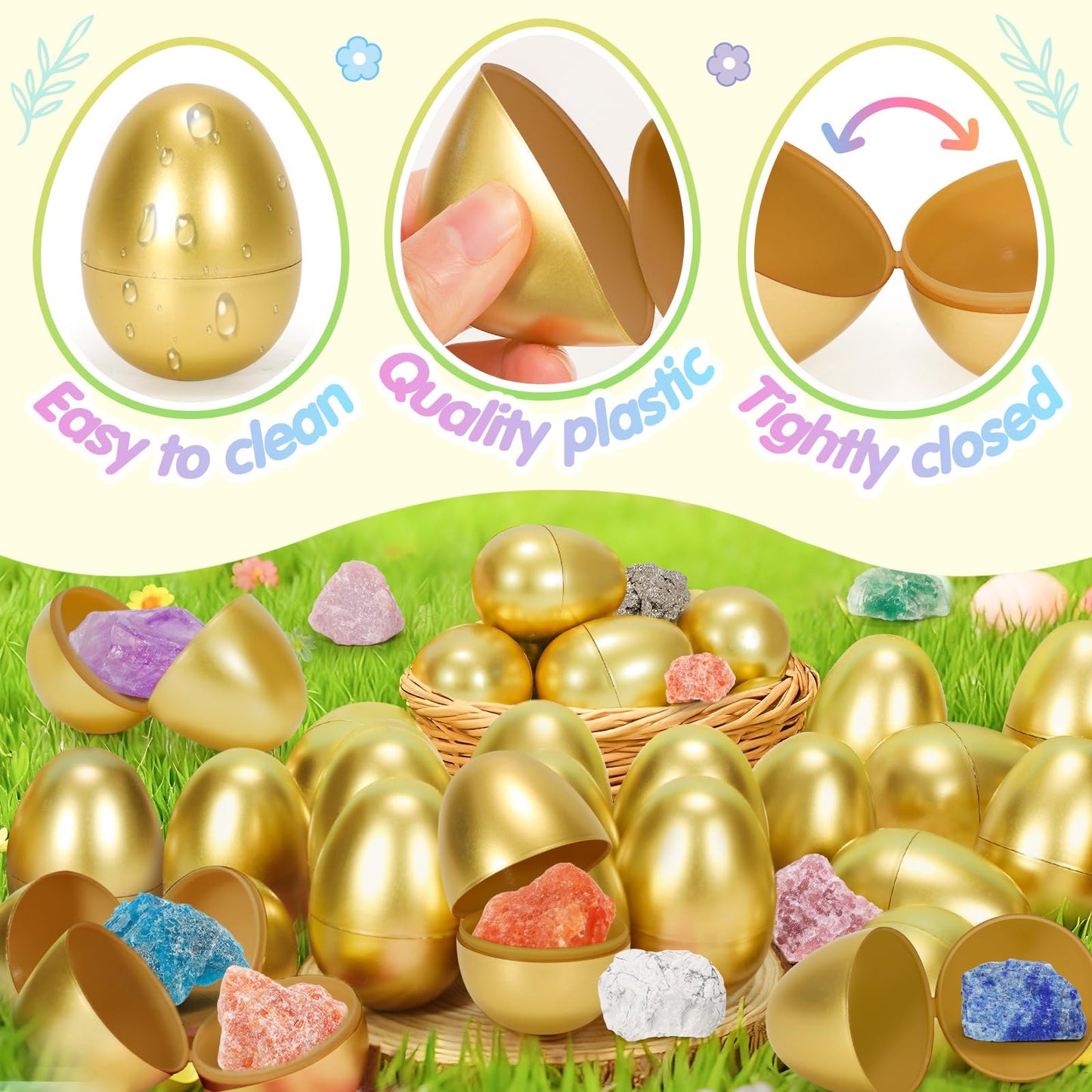 SevenQ Easter Basket Stuffers Easter Egg Fillers with Crystal Gems Rocks Raw Stone 24Pcs, Gemstones Rock Collections for Kids Easter Decorations Goodie Gifts Bags Hunt Supplies Party Favors Essentials