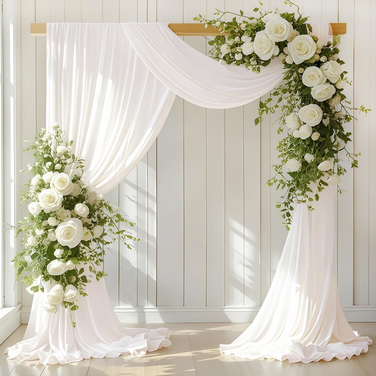 LINXTAR Ivory Wedding Arch Draping Fabric 30'' x 18FT Sheer Chiffon Arch Drape Backdrop 2 Panel Drapes for Easter Bridal Shower Baby Shower Photo Booth Church Decor Birthday Party Outdoor Decoration