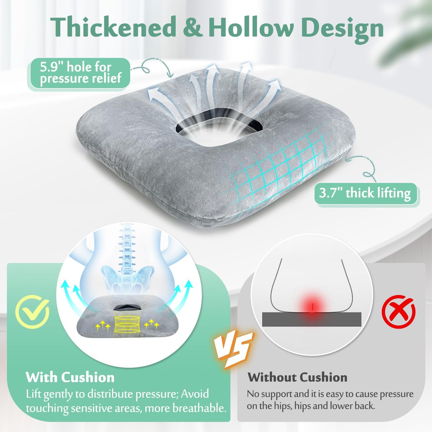 AOSSA Donut Pillow, Butt Cushion for Long Sitting Tailbone Pain, Hemorrhoid, Pregnancy Seat Cushion, Medical Donut Ring Pillow for After Surgery, Bed Sore, Pressure Ulcer Relief Cushion Pad