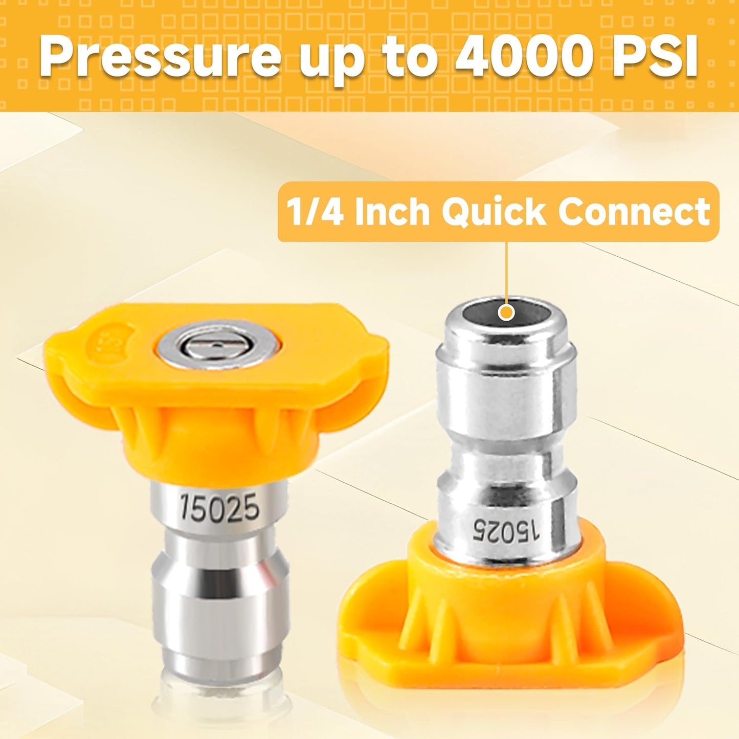 Tool Daily 15 Degree Yellow Pressure Washer Nozzle Tips - 7 Pack with Nozzle Holder | 1/4 Inch Quick Connect, 4000 PSI