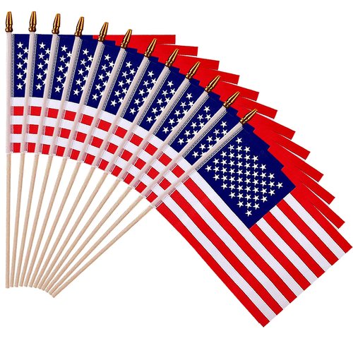 12 Pack Small American Flags - 4x6 Inch Mini USA Hand Held Stick Flag with Safety Spear Top, 250th Anniversary, Memorial Day, Outdoor 4th of July Decorations, Veteran's Day Patriotic Decor
