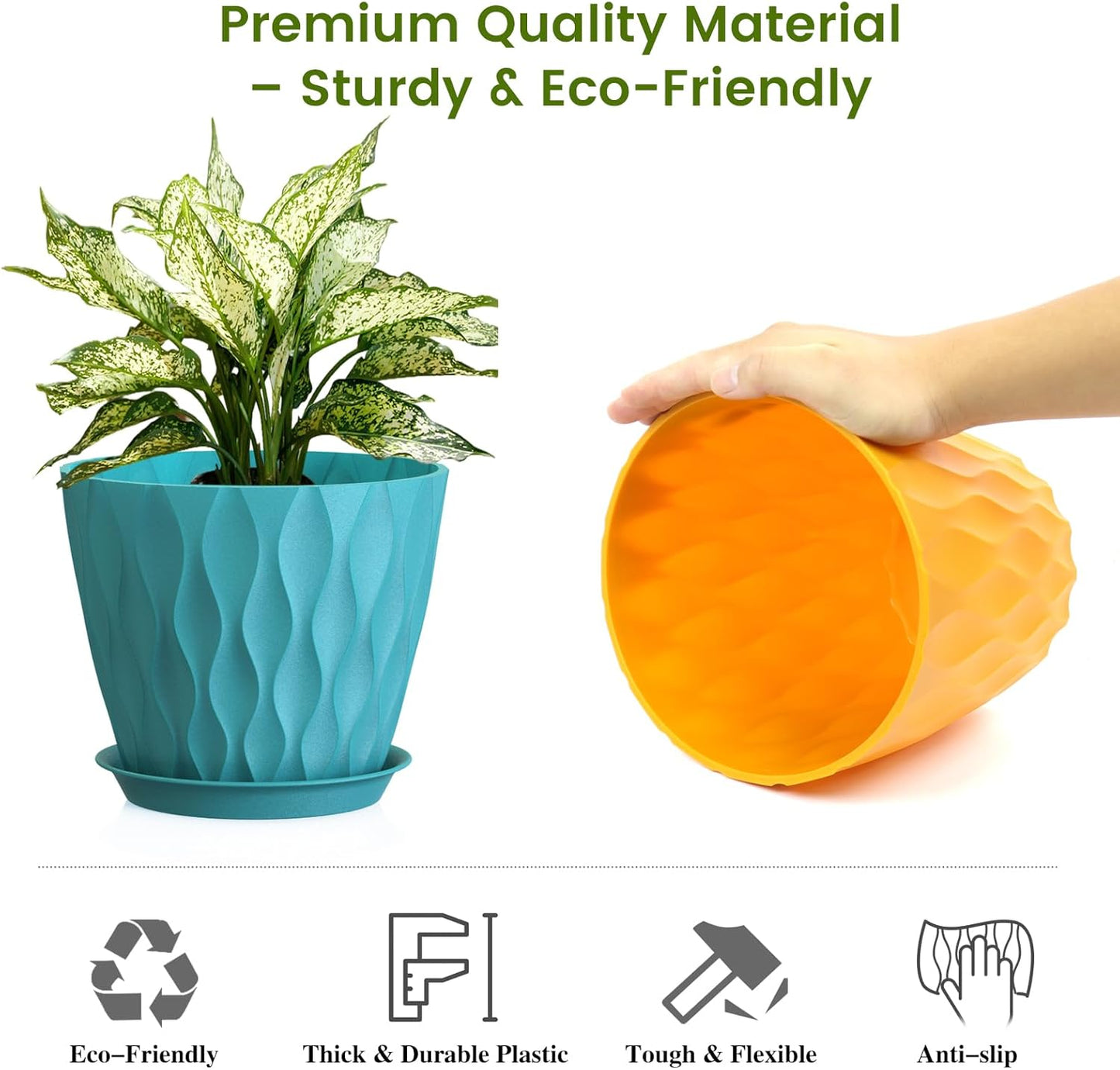 UOUZ 8-Inch Plastic Plant Pots - 4 Pack Indoor/Outdoor Planters with Drainage Holes & Saucers | Waffle Texture